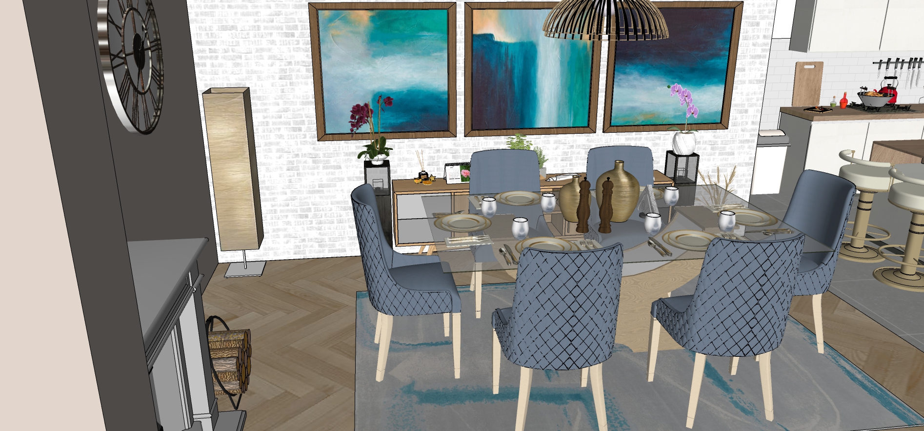 Blagovaonica 1 : Blagovaonica povezuje dnevni boravak i kuhinju. U otvorenom prostoru dnevne zone najjednostavniji i najpraktičniji način odvajanja prostora je smještanje blagovaonskog stola i stolica između boravka i kuhinje. Vizualno se razlikuje od ostatka prostora, a to je postignuto dominiranjem plava boja nad neutralnim stilom ostatka interijera. Zlatni detalji kao što su pribor za jelo i pokoja sitna dekoracija lijepo se slažu uz plavu boju. Prirodnu svjetlost dobiva preko dnevnog boravka i kuhinje. Prevladava simetrija i jednostavnost, te skladne kombinacije oblika i nježne nijanse zidova. Rasvijeta je viseća i usmjerena prema površini stola kako bi se dobilo maksimalno osvijetljenje tijekom objeda.      
